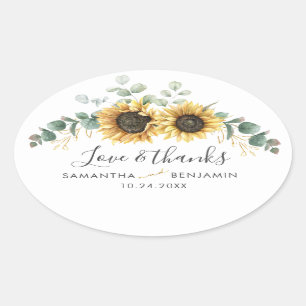 Sunflower Floral Eucalyptus Wedding Thank You Oval Sticker
