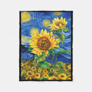 Sunflower Floral Flower Van Gogh Style Starry Nigh Fleece Blanket