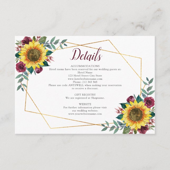 Sunflower Floral Geometric Wedding Details Enclosure Card (Front)