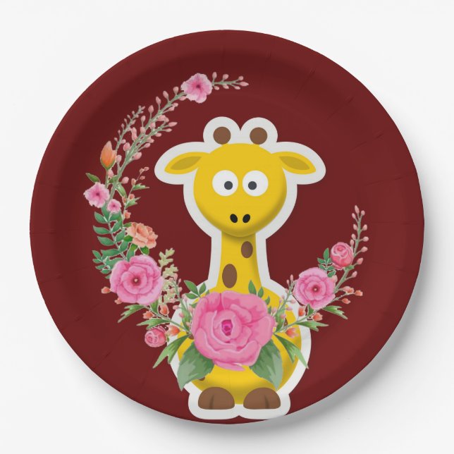 Sunflower Floral Giraffe Pink Roses Paper Plates (Front)