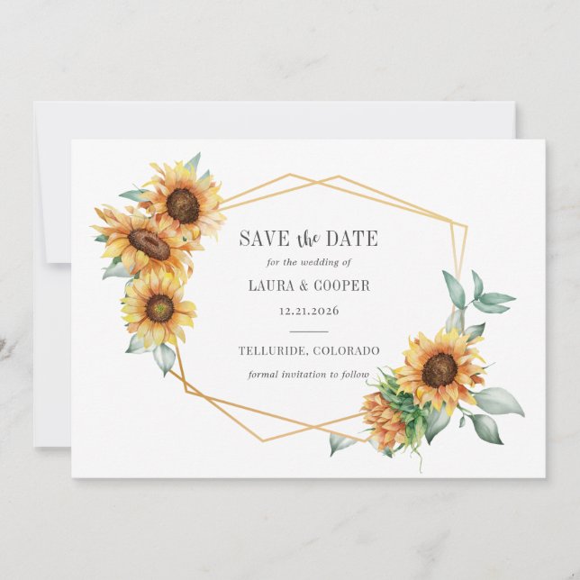 Sunflower Floral Gold Effect Geometric Frame Save The Date (Front)