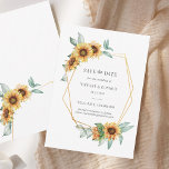 Sunflower Floral Gold Geometric Save The Date Card<br><div class="desc">Plan your perfect wedding this season with our bright sunflower theme save the date note cards. Featuring sunflower bloom and gold effect geometric frame, this card can be easily customised for your special occasion such as a bridal shower, engagement party, birthday party, anniversaries, family reunions, and any special occasion you...</div>