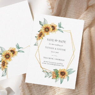 Sunflower Floral Gold Geometric Save The Date Card