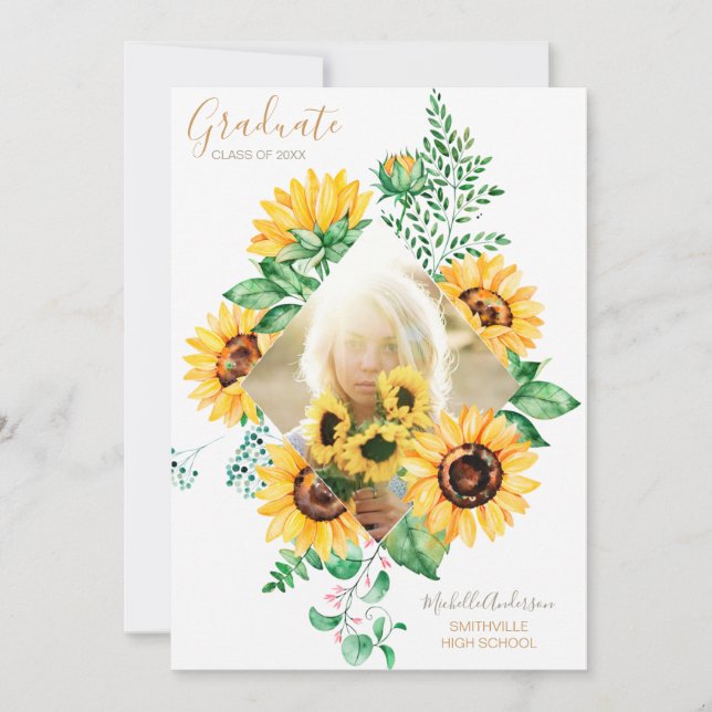 Sunflower Floral Gold Photo Graduation Announcement (Front)