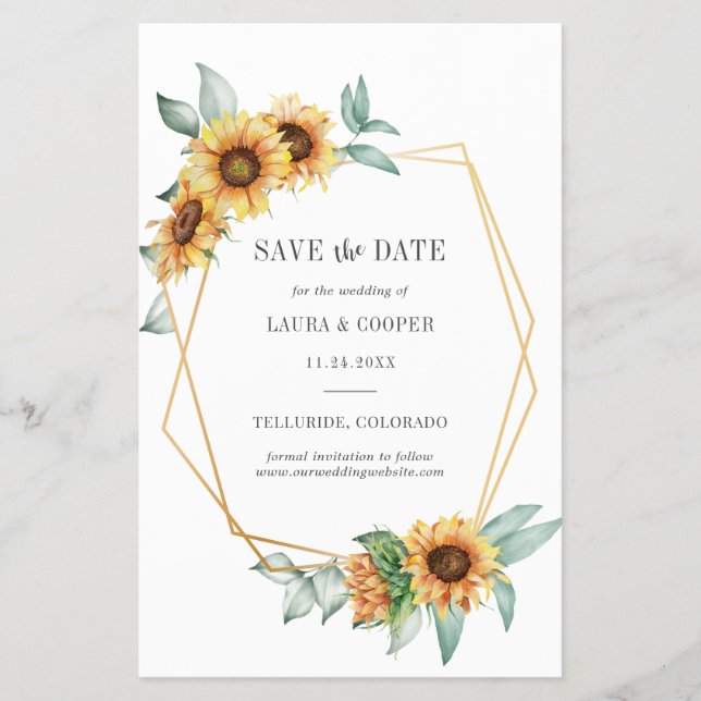 Sunflower Floral Greenery Geometric Save the Date Flyer (Front)