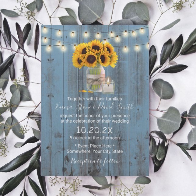 Sunflower Floral Jar Dusty Blue Barn Wood Wedding Invitation (Creator Uploaded)