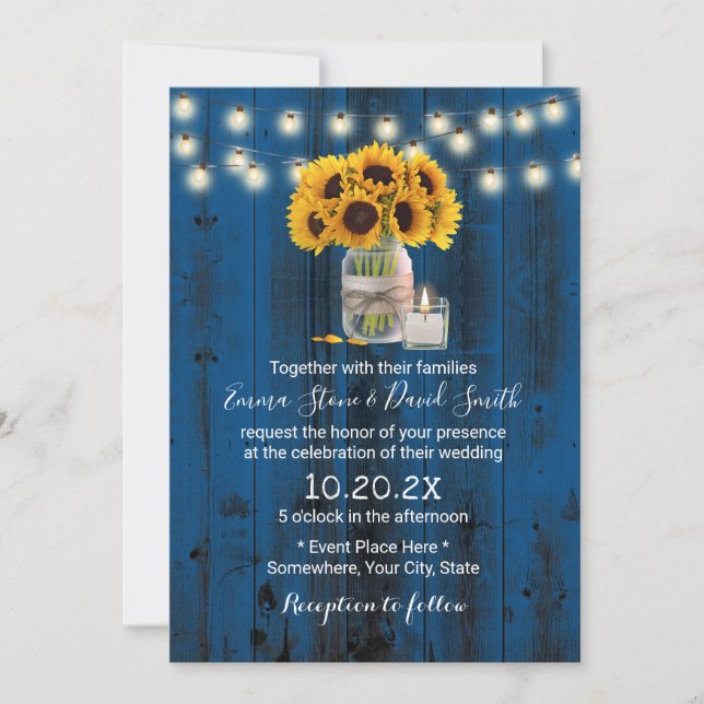 Sunflower Floral Jar Rustic Navy Blue Barn Wedding Invitation (Front)