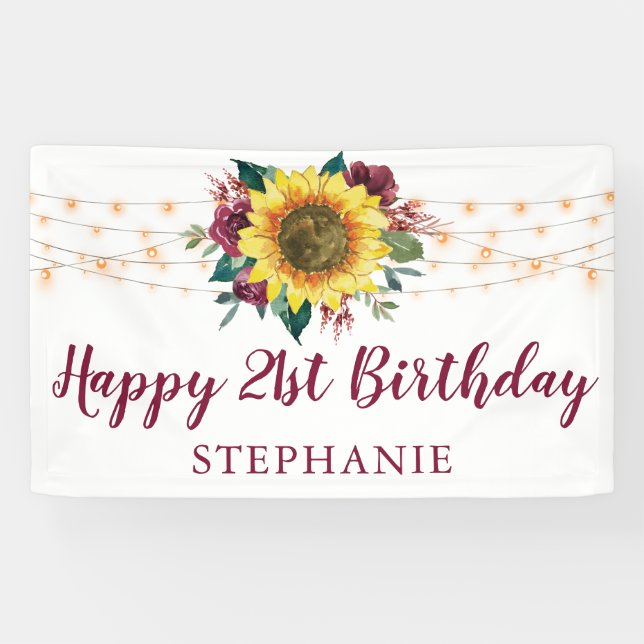 Sunflower Floral Lights 21st Birthday Party Banner (Horizontal)