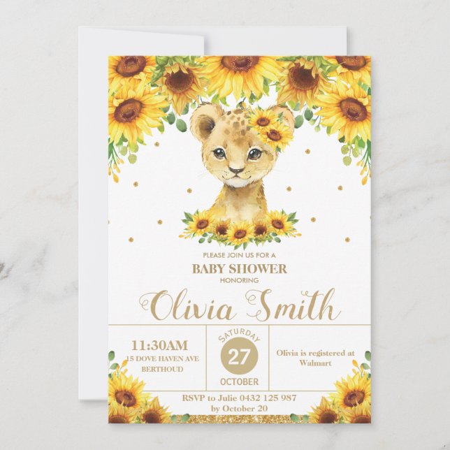 Sunflower Floral Lion Cub Baby Shower Invitation (Front)