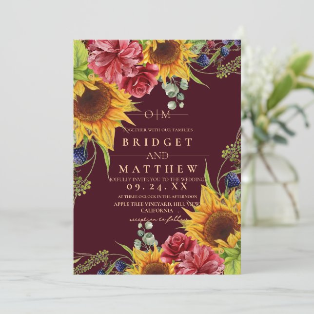  Sunflower Floral Maroon Wedding Invitation (Standing Front)