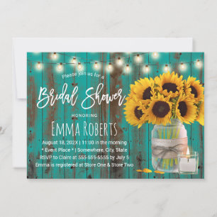 Sunflower Floral Mason Jar Teal Wood Bridal Shower Invitation