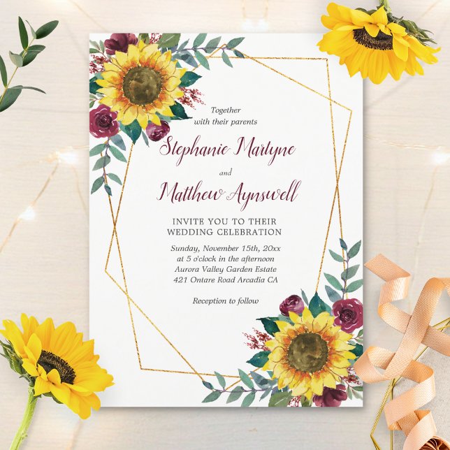 Sunflower Floral Modern Geometric Wedding Invitation (Creator Uploaded)
