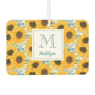 Sunflower Floral Monogram Name Personalised Car Air Freshener