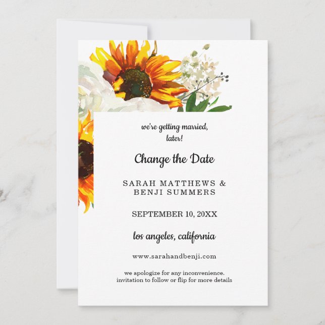 Sunflower Floral on White Change the Date Details Invitation (Front)