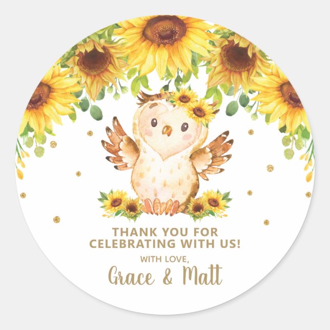 Sunflower Floral Owl Thank You Favour Gold Glitter Classic Round Sticker (Front)
