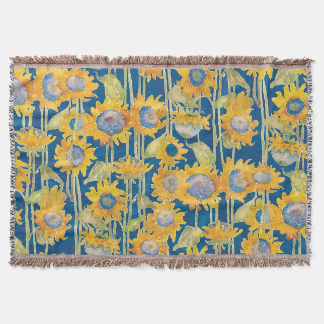 Sunflower Floral Pattern Blue Throw Blanket (Front)