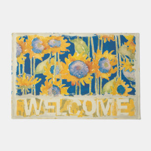 Sunflower Floral Pattern Blue Welcome Doormat