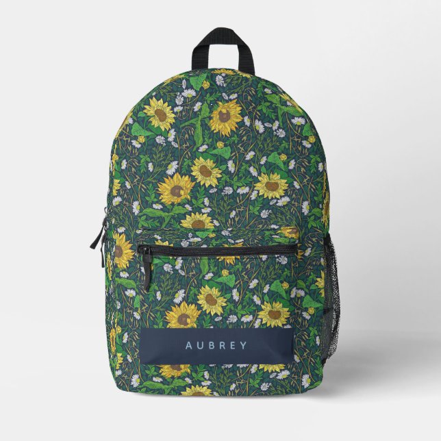 Sunflower Floral Pattern Navy Blue Printed Backpack (Front)