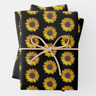 Sunflower Floral Pattern On Black Wrapping Paper Sheet