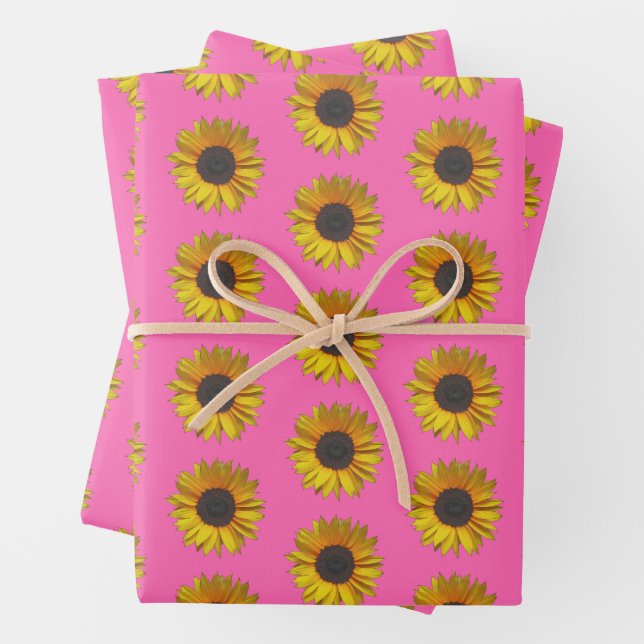 Sunflower Floral Pattern On Hot Pink Wrapping Paper Sheet (In situ)