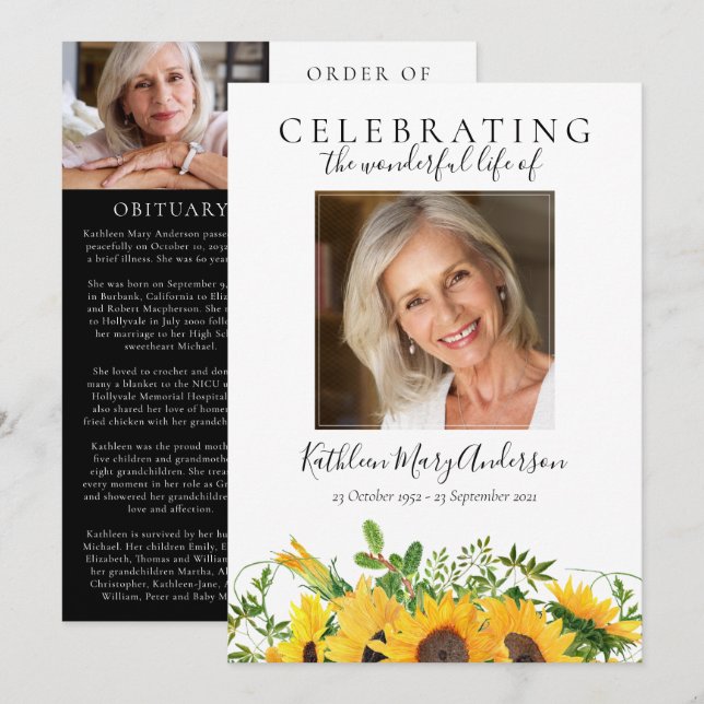 Sunflower Floral Photo Funeral Program (Front/Back)