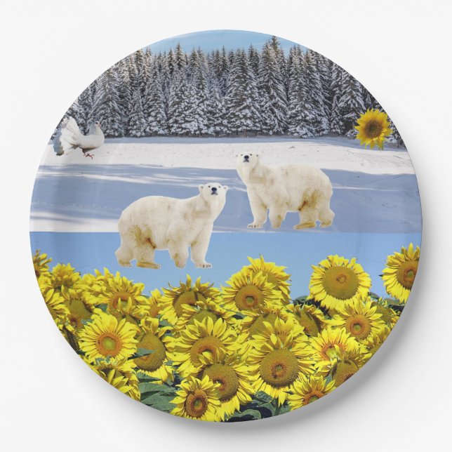 Sunflower Floral Polar Bear Paper Plates (Front)