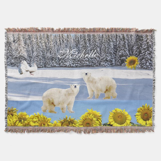 Sunflower Floral Polar Bear Throw Blanket (Front)