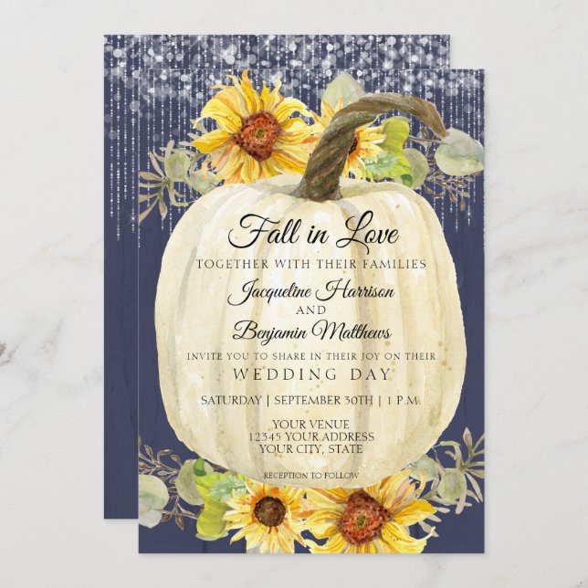 Sunflower Floral Pumpkin Navy Wood Fairy Lights Invitation (Front/Back)