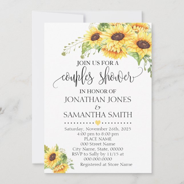 Sunflower floral romantic boho chic couples shower invitation (Front)