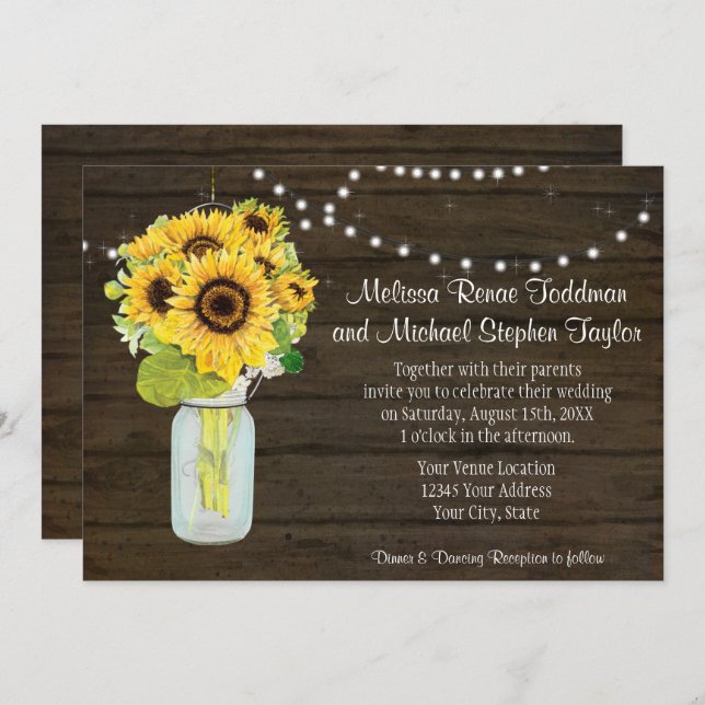 Sunflower Floral Rustic Country Mason Jar Lights Invitation (Front/Back)