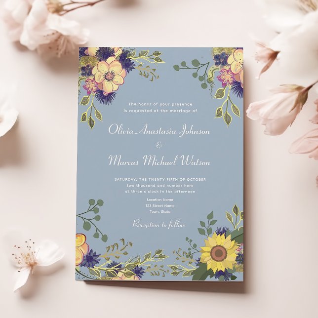Sunflower Floral Rustic Dusty Blue Wedding Invitation (Creator Uploaded)