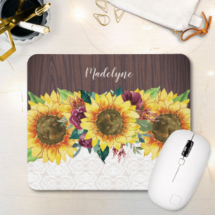 Sunflower Floral Rustic Personalised Name Mouse Pad