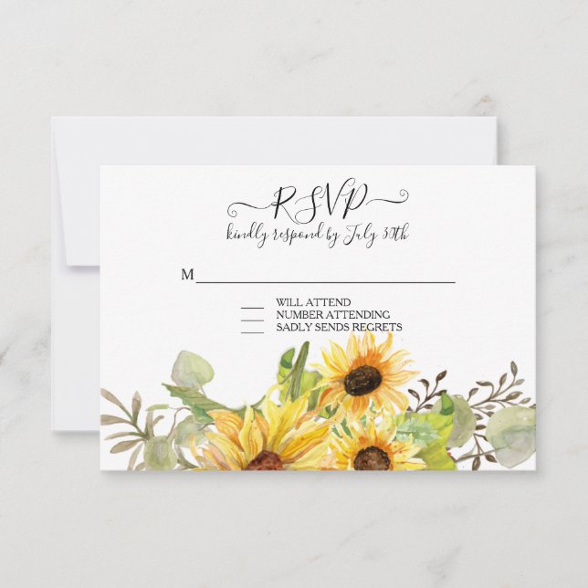 Sunflower Floral Rustic Watercolor Wreath RSVP Card (Front)