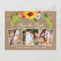 Sunflower Floral Save the Date 3 Photo Kraft