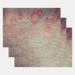 Sunflower Floral Teal Coral Pink Texture Grunge Wrapping Paper Sheet