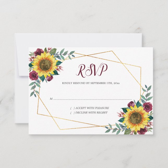 Sunflower Floral Watercolor Geometric Wedding RSVP Card (Front)