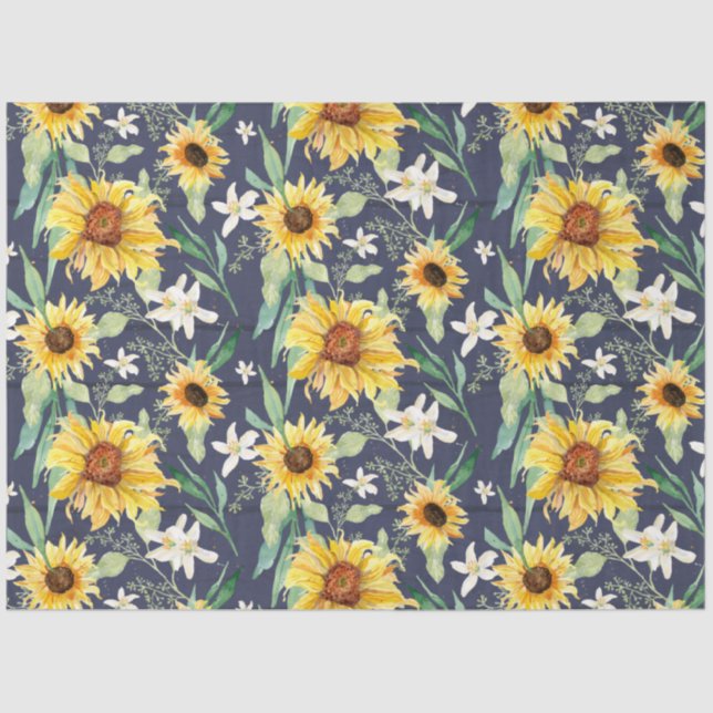 Sunflower Floral Watercolor Navy Wood Decoupage Tissue Paper (Front)