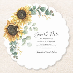 Sunflower Floral Watercolor Save The Date Paper Coaster