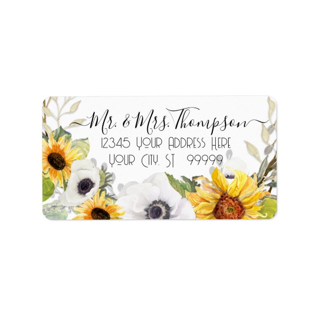 Sunflower Floral Watercolor Yellow White Foliage L Label (Front)