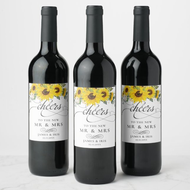 Sunflower Floral Wedding Birthday Anniversary  Wine Label (Bottles)
