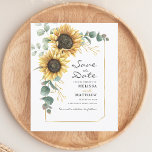 Sunflower Floral Wedding Save The Date<br><div class="desc">Create a modern Sunflower Floral save the date budget card with this cute template featuring beautiful rustic floral bouquet, geometric gold effect frame, with modern simple typography. TIP: Matching wedding suite cards like RSVP, wedding programs, banners, tapestry, gift tags, signs, and other wedding keepsakes and goodies are available in the...</div>
