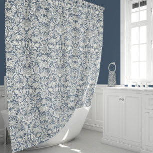 Sunflower Floral William Morris Vintage Blue White Shower Curtain