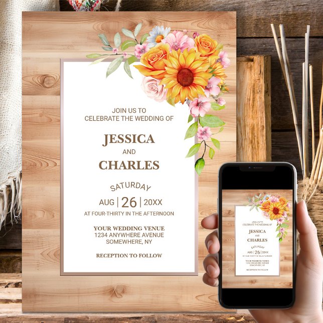 Sunflower Floral Wood Wedding Invitation (Creator Uploaded)