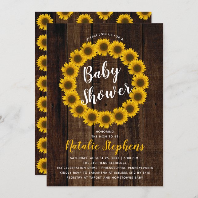 Sunflower Floral Wreath Wood Baby Shower Invite (Front/Back)