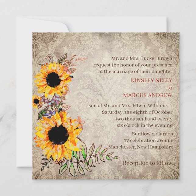 Sunflower Floral Yellow Rustic Wedding Invitation (Front)