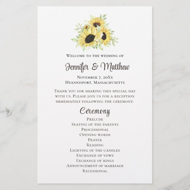 Sunflower Floral Yellow Rustic Wedding Program (Front)
