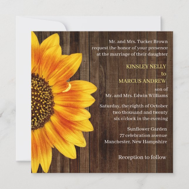 Sunflower Floral Yellow Rustic Wedding Wood Invitation (Front)