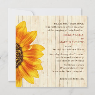Sunflower Floral Yellow Rustic Wedding Wood Invitation