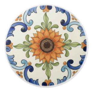 Sunflower Flower Mediterranean Blue Orange Cream Ceramic Knob