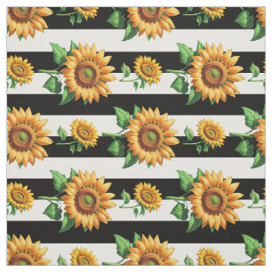 Sunflower Flower With Black White Stripes Textile Fabric